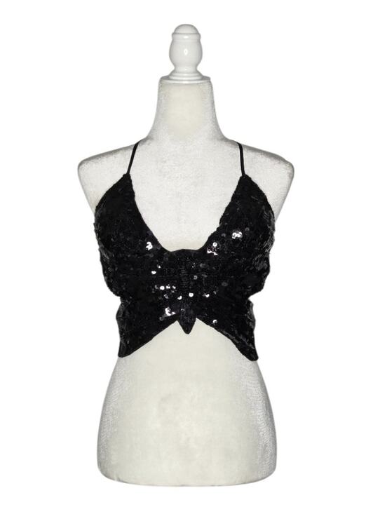 Unbranded Tops - Black Sequin Butterfly Bra Top Beaded Festival Rave Belly Dance Open Back OS